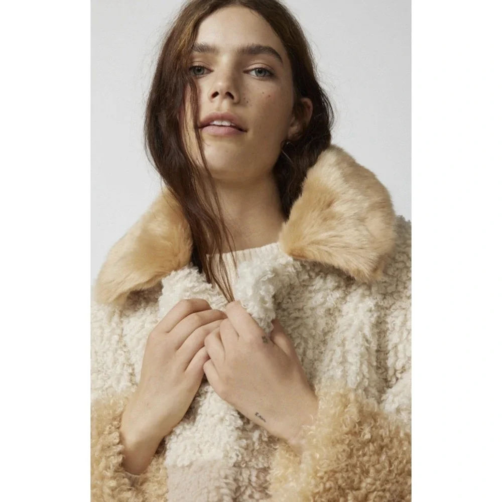 Urban‎ Outfitters Kerry Faux Fur Beige Cream Patchwork Jacket Size XS